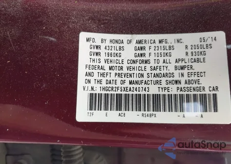 2014 Honda Accord Sport from USA, damaged, VIN 1HGCR2F5XEA240743